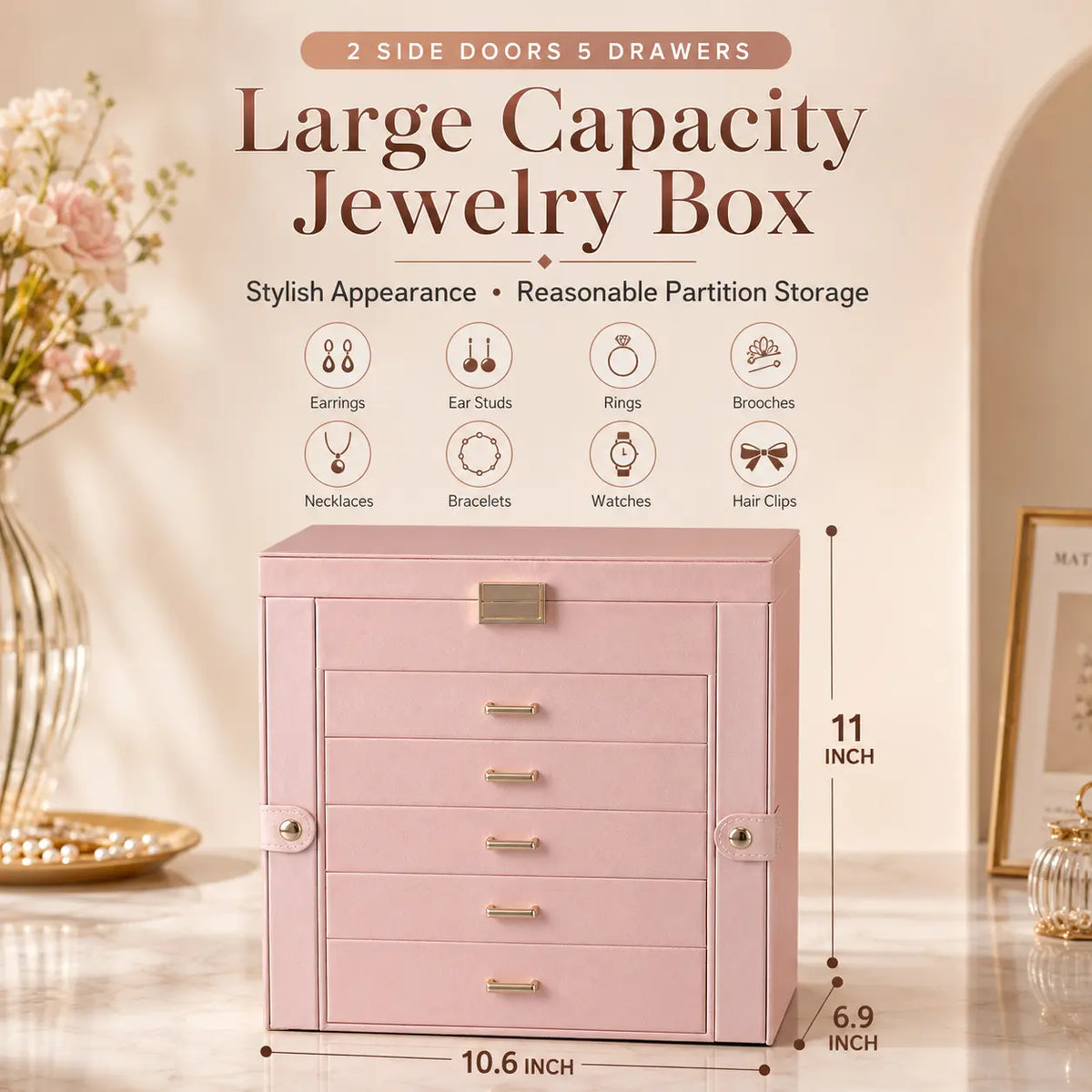 BOOVO Jewelry Box For women, 6 Layer Large Jewelry Organizer With Mirror, Multi-Function Storage Box With Lock, Necklace Holder With 5 Drawers, For Earrings Necklace Bracelet (Rose Gold and Gold)