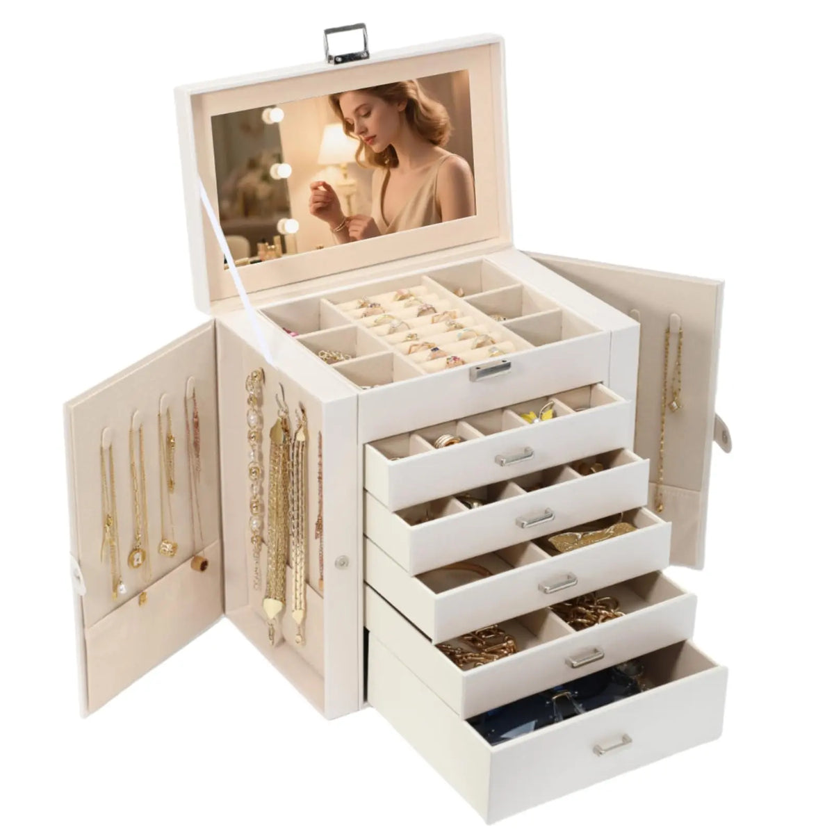 BOOVO Jewelry Box For women, 6 Layer Large Jewelry Organizer With Mirror, Multi-Function Storage Box With Lock, Necklace Holder With 5 Drawers, For Earrings Necklace Bracelet (Rose Gold and Gold)