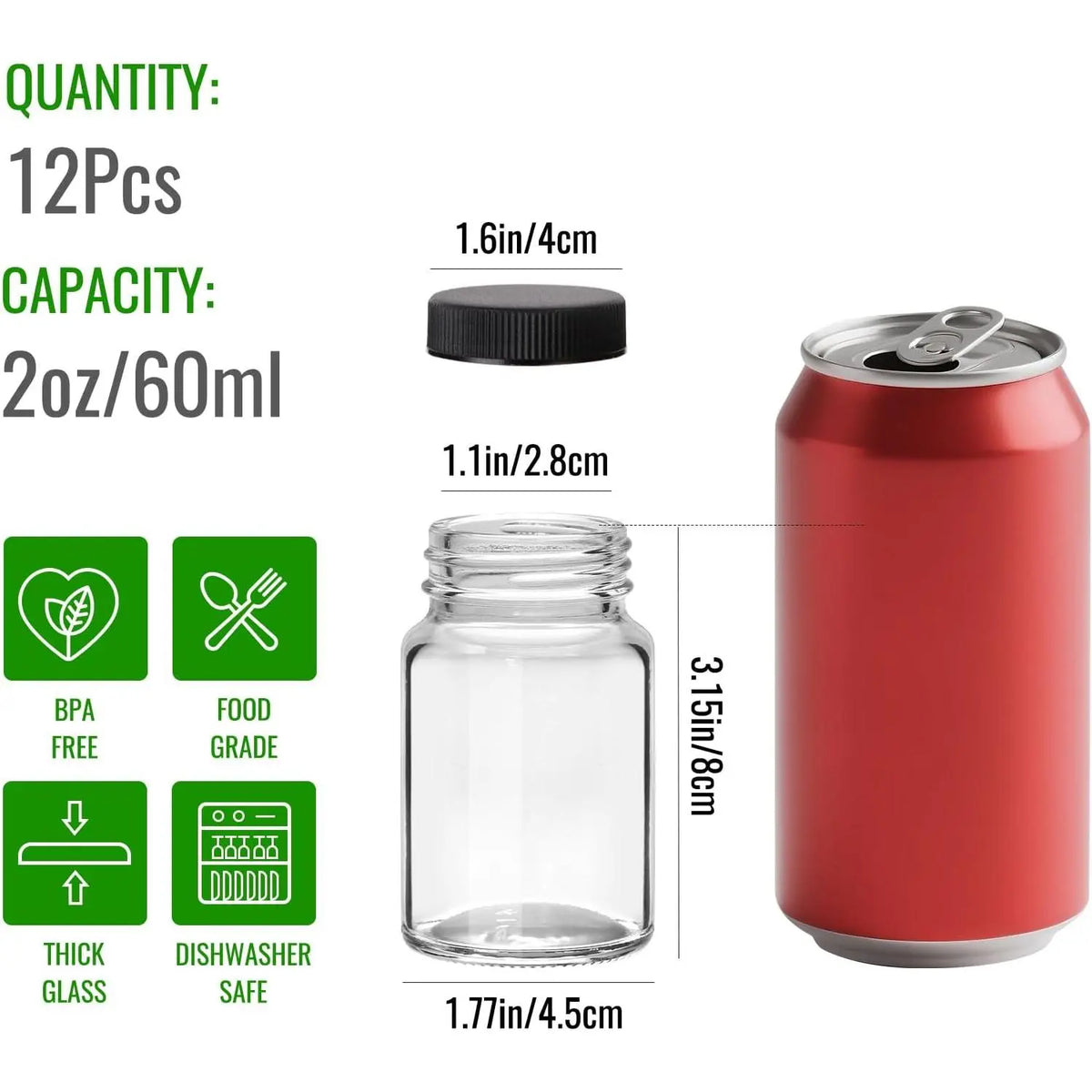 2 oz Glass Ginger Shots Bottle with Caps, 12 pack 60 ml Juice Shot Bottles,Leakproof Small Glass Bottles with Lids for Ginger,Beverages