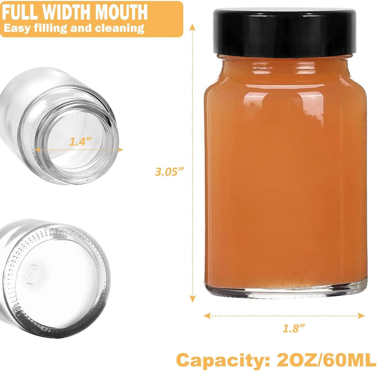2 oz Small Clear Glass Bottles with  - 12 count Wide Mouth Shot Bottles with Caps for Ginger Shots, Juice, Potion, Liquids,  - Mini Travel Bottles with Funnels, Stickers (12PCS-Clear)