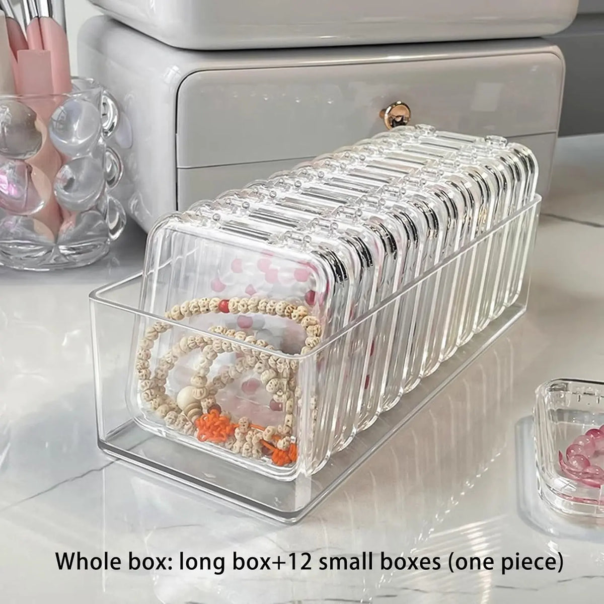 Clear Jewelry Storage Box, 1 Set Multi-functional Portable Storage Organizers Box, Transparent Plastic Storage Box for Home, Dormitory, Bathroom & Office, Dustproof Clear Box (1pc Long Tray & 12pcs 8.5cm Square Boxes)