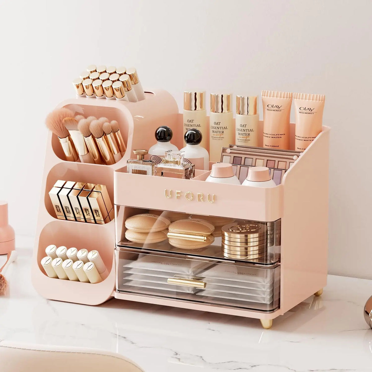 UFORU Modern Large Capacity Plastic Makeup Storage Box - Multi-functional Organizer for Makeup Brushes, Lipsticks, Eyebrow Pencils, Pocket Mirrors - Desktop Vanity Accessory for Home & Travel, Pink Gift Option