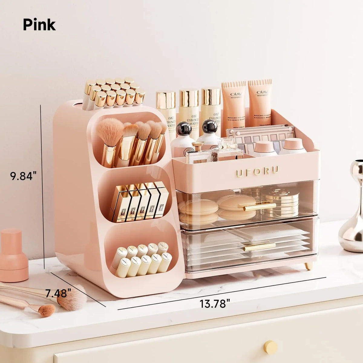 UFORU Modern Large Capacity Plastic Makeup Storage Box - Multi-functional Organizer for Makeup Brushes, Lipsticks, Eyebrow Pencils, Pocket Mirrors - Desktop Vanity Accessory for Home & Travel, Pink Gift Option
