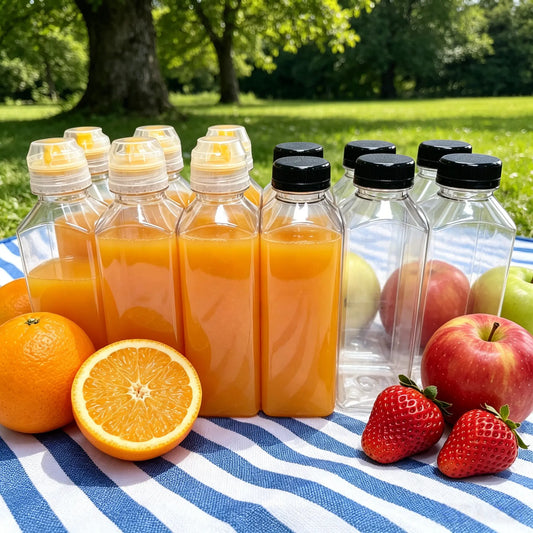 12-Pack 12 oz Empty Square Plastic Juice Decant Storage Bottles & Jars Set, Leakproof Dual Caps, Squeeze Design, Silicone Spout, Large-Capacity Containers for Juicing, Homemade Drinks