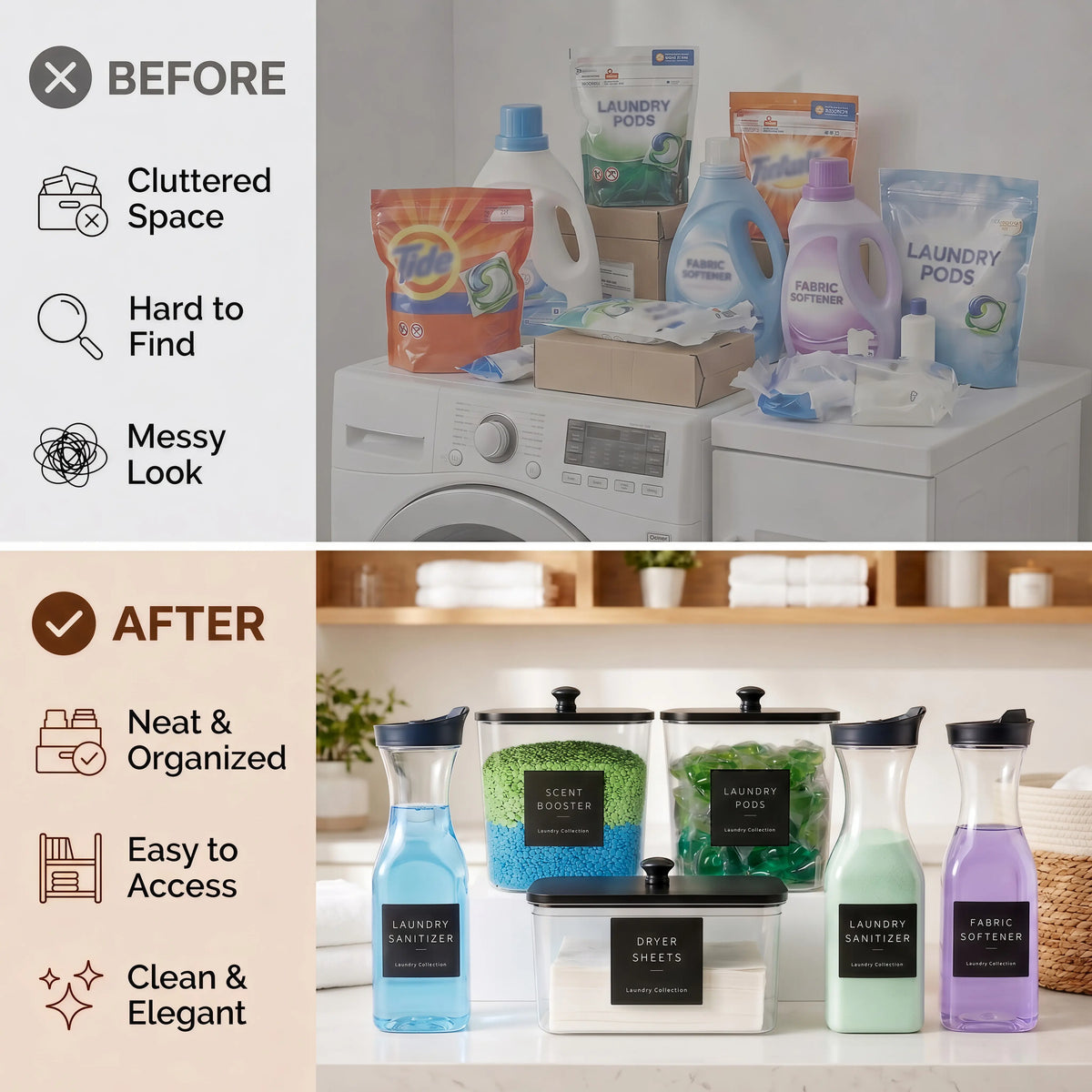 COCOLANCO Home Supplies Multifunctional Waterproof Silicone 6-Piece Modern Rectangle Laundry Organizer Box Set - 3 Pod Containers, 3 Dryer Sheet Holders with Bamboo Lids & Labels for Detergent Pods, Scent Booster Powder, Bottle Storage (Home Utility Room)