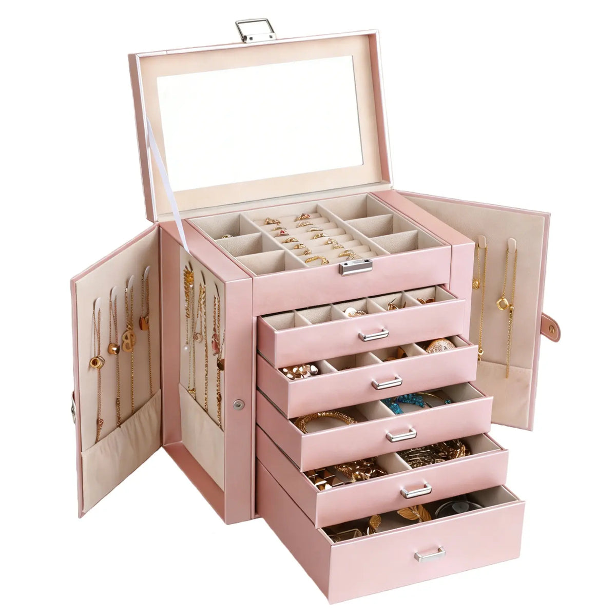 BOOVO Jewelry Box For women, 6 Layer Large Jewelry Organizer With Mirror, Multi-Function Storage Box With Lock, Necklace Holder With 5 Drawers, For Earrings Necklace Bracelet (Rose Gold and Gold)