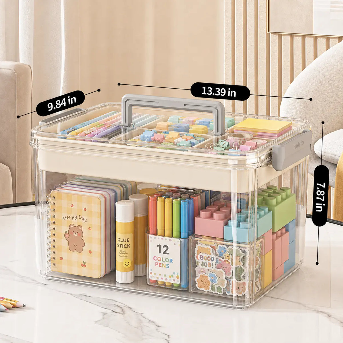 UFORU Modern Rectangular Double-Layer Storage Organizer with Handle - Transparent Body Shows Contents Fast, Large Capacity Portable Home Supplies Storage Organization Box for Art Supplies, Kids’ Small Toys