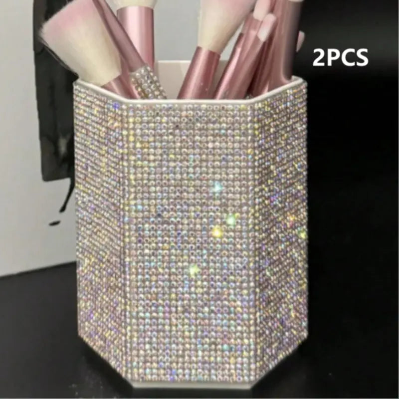 Hexagonal Crystal Makeup Brush Holder, Large Capacity, Decorative Shiny Surface, Multifunctional Cosmetic Storage Rack, Makeup Organizer Box for Bedroom Vanity Desk, Cosmetic Organiser, Cosmetic Organizers