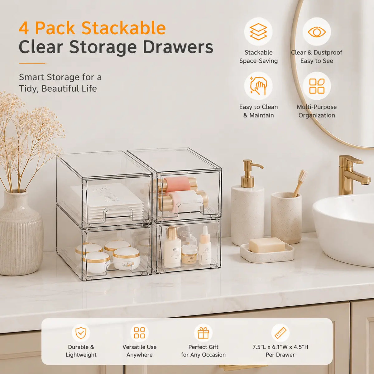 4 Pack Clear Stackable Acrylic Storage Boxes – Drawers for Bathroom Vanity, Office, Craft Room – Dustproof & Easy Clean