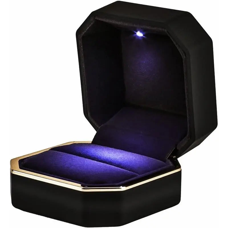 Luxury Ring Box, Square Velvet Wedding Ring Case Jewelry Gift Box with LED Light for Proposal Engagement Wedding Organiser