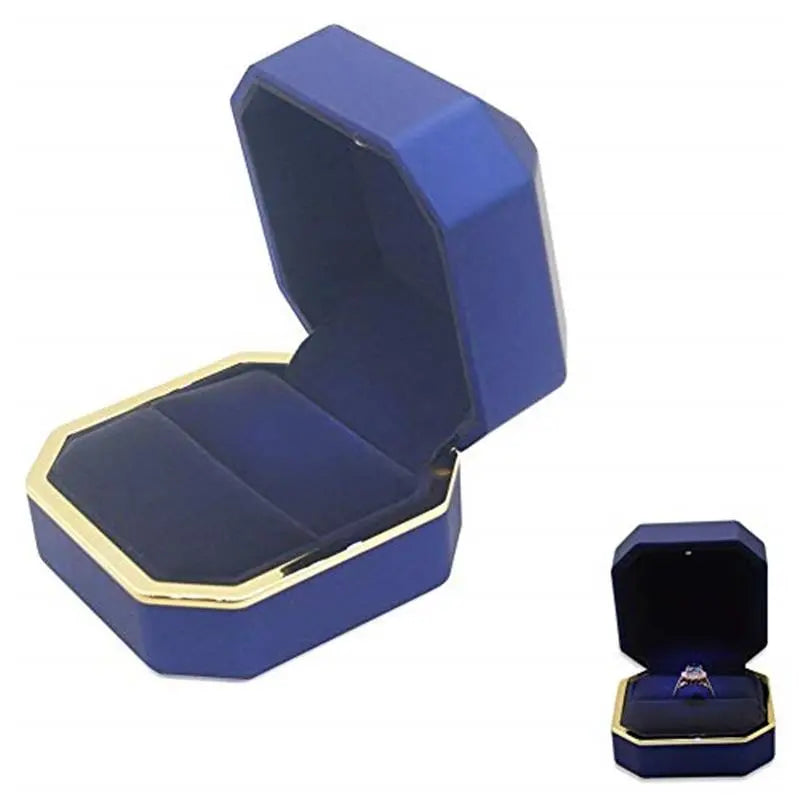 Luxury Ring Box, Square Velvet Wedding Ring Case Jewelry Gift Box with LED Light for Proposal Engagement Wedding Organiser