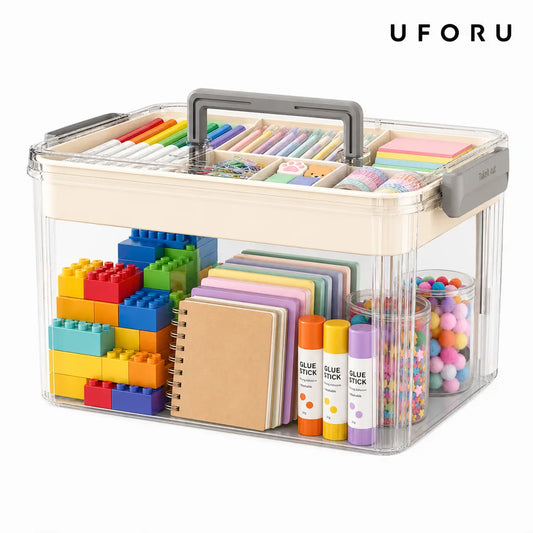 UFORU Modern Rectangular Double-Layer Storage Organizer with Handle - Transparent Body Shows Contents Fast, Large Capacity Portable Home Supplies Storage Organization Box for Art Supplies, Kids’ Small Toys