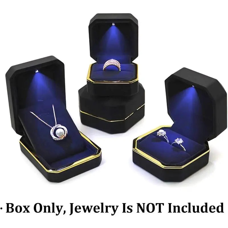 Luxury Ring Box, Square Velvet Wedding Ring Case Jewelry Gift Box with LED Light for Proposal Engagement Wedding Organiser