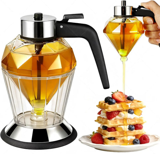 8oz No-Drip Glass Honey Dispenser with Lid & Steady Stand Base, Bottom Flow High-Quality Durable Glass Jar for Daily Use, Coffee/Maple Syrup Container for Tea Time & Gifting (Elegant Honeycomb Design)