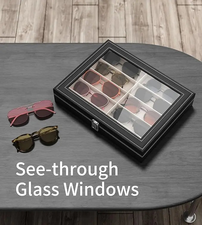Women's 10-Slot Velvet-Leather See-Through Eyeglass Storage Box - Water-Proof Multi-Compartment Anti-Scratch Glass Display Case with Lid, Strap, Fashion Accessory Gift