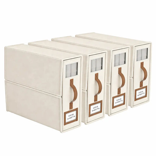 4 Pack Beige Foldable Linen Organizer Bin Boxes - Transparent Window, Labels, King/Queen Size, for Sheets, Pillowcases, Duvet Covers, Sofa Storage Organization