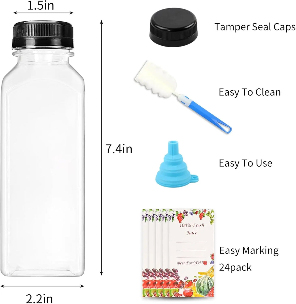 Home Improvement 20Pcs 16oz Square Shape Empty Plastic Juice Bottles with Leakproof Caps - Reusable Container Bulk Pack with Funnel for Filling, Labeling - Ideal for Cafes, Birthday Parties (Brush Compatible)