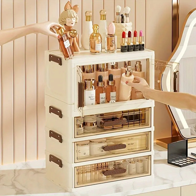 Rectangle Multifunctional Durable Storage Organizer - 3/4 Floors Foldable Large Capacity Retro White Golden Cosmetic Cabinet with Transparent Stackable Plastic Drawers, Makeup Organizer for Home Organization, Girl Gift