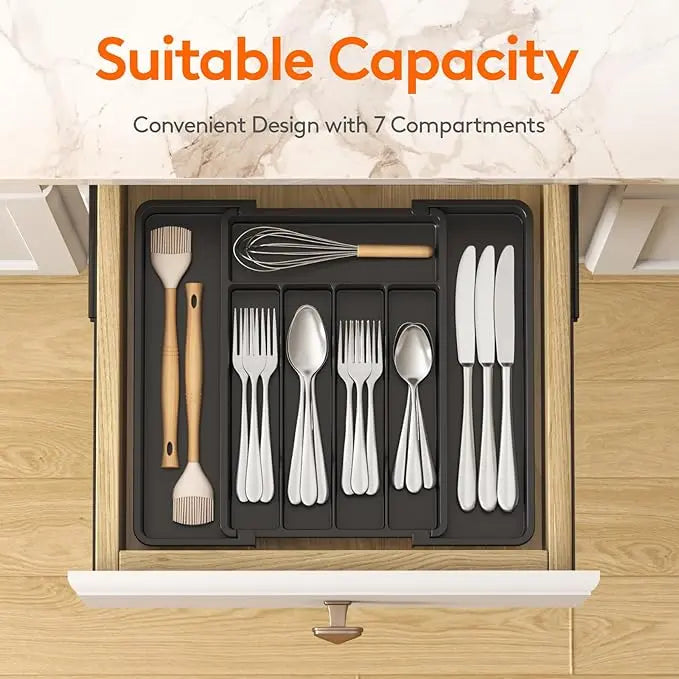Silverware Drawer Organizer, Expandable Utensil Tray for Kitchen, BPA Free Flatware and Cutlery Holder, Adjustable Plastic Storage for Spoons Forks Knives, 8.5"-14.1" x 12.1", Black