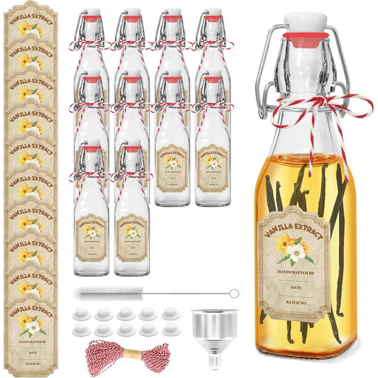10-Pack 8oz (6 – 8.9 Fl Oz) Swing Top Glass Vanilla Extract Bottles with Flip Top Lids, Funnel & Labels – Boston Glass Storage Bottles for Syrup Gifting, Home Organizer Supplies by Sohochic