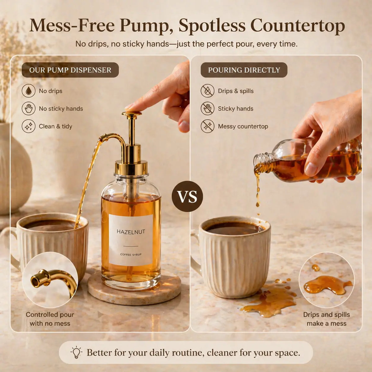 4 Pack Aesthetic Glass Coffee Syrup Dispenser Set with Labels, 16.9oz Coffee Bar Accessories & Station Organizer with Gold Pumps for Syrup, Honey, Sauce