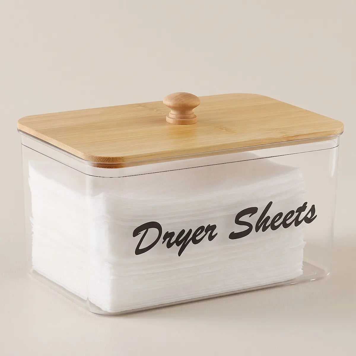 Clear Dryer Sheet Holder with Bamboo Lid, Transparent Plastic Storage Bin, Containers, Laundry Room Decor Storage Box with Label, Dryer Sheet and Detergent Pod Dispenser for Home