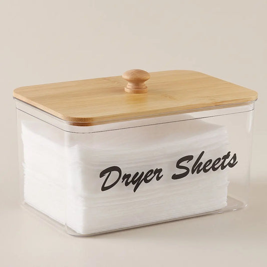 Clear Dryer Sheet Holder with Bamboo Lid, Transparent Plastic Storage Bin, Containers, Laundry Room Decor Storage Box with Label, Dryer Sheet and Detergent Pod Dispenser for Home