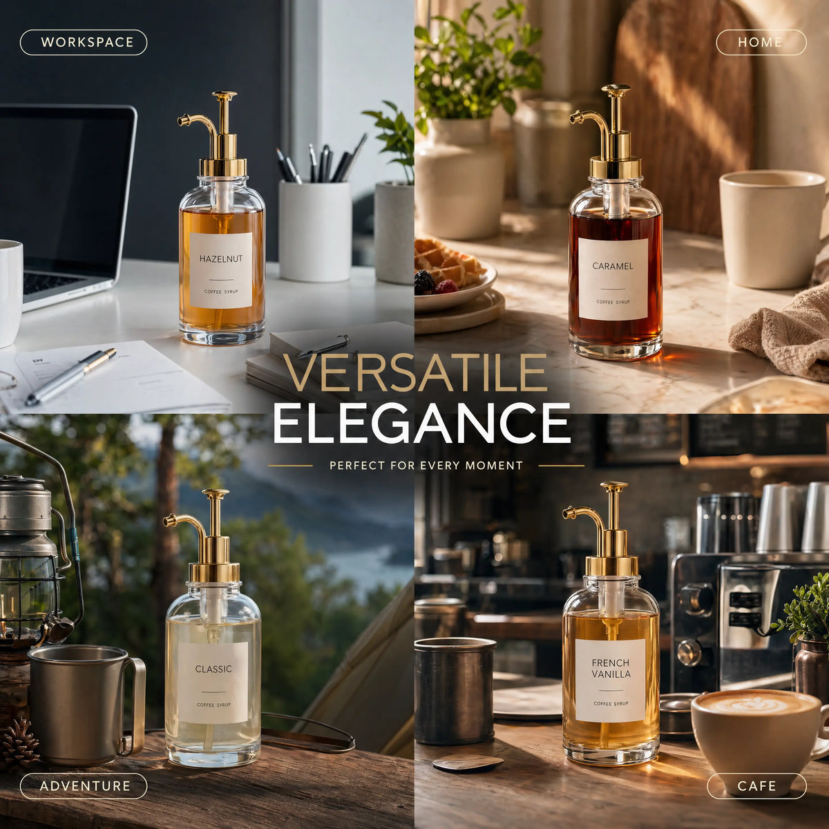 4 Pack Aesthetic Glass Coffee Syrup Dispenser Set with Labels, 16.9oz Coffee Bar Accessories & Station Organizer with Gold Pumps for Syrup, Honey, Sauce