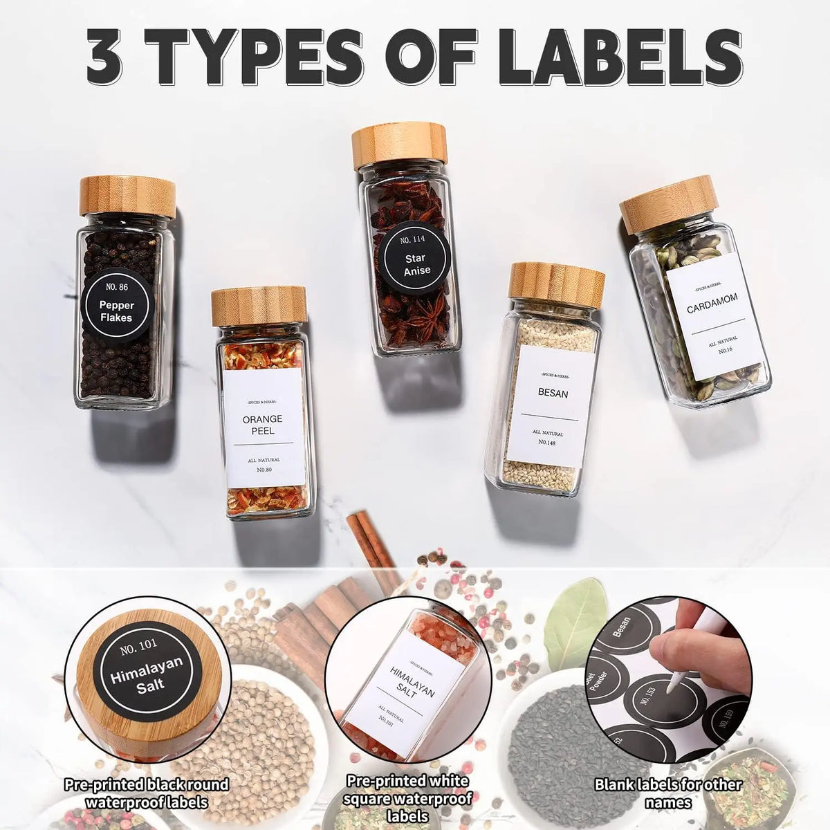 DWTS Danweitesi 36-Piece Glass Spice Jar Set - 4 Oz Square Kitchen Canisters with Bamboo Lids, 180 Labels, Funnel, Chalk Pen, Waterproof, Dishwasher Safe, Kitchen Utensils for Home Cooking & Family Gifting
