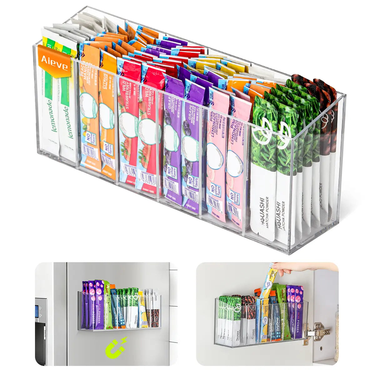 AIEVE Drink Packet Organizer, Mountable Space-Saving Tidy Counter Setup Holder with Adhesive & Magnetic Sticker, Home Pantry Kitchen Storage for Countertop Fridge Cabinet (Summer Sale Deals, Restock Deals for You Days), Mountable Saves Space