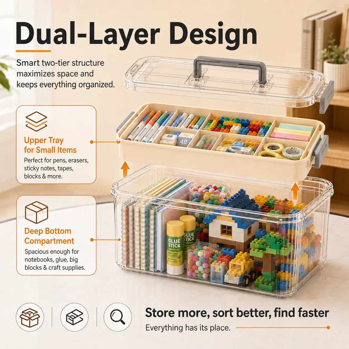 UFORU Modern Rectangular Double-Layer Storage Organizer with Handle - Transparent Body Shows Contents Fast, Large Capacity Portable Home Supplies Storage Organization Box for Art Supplies, Kids’ Small Toys