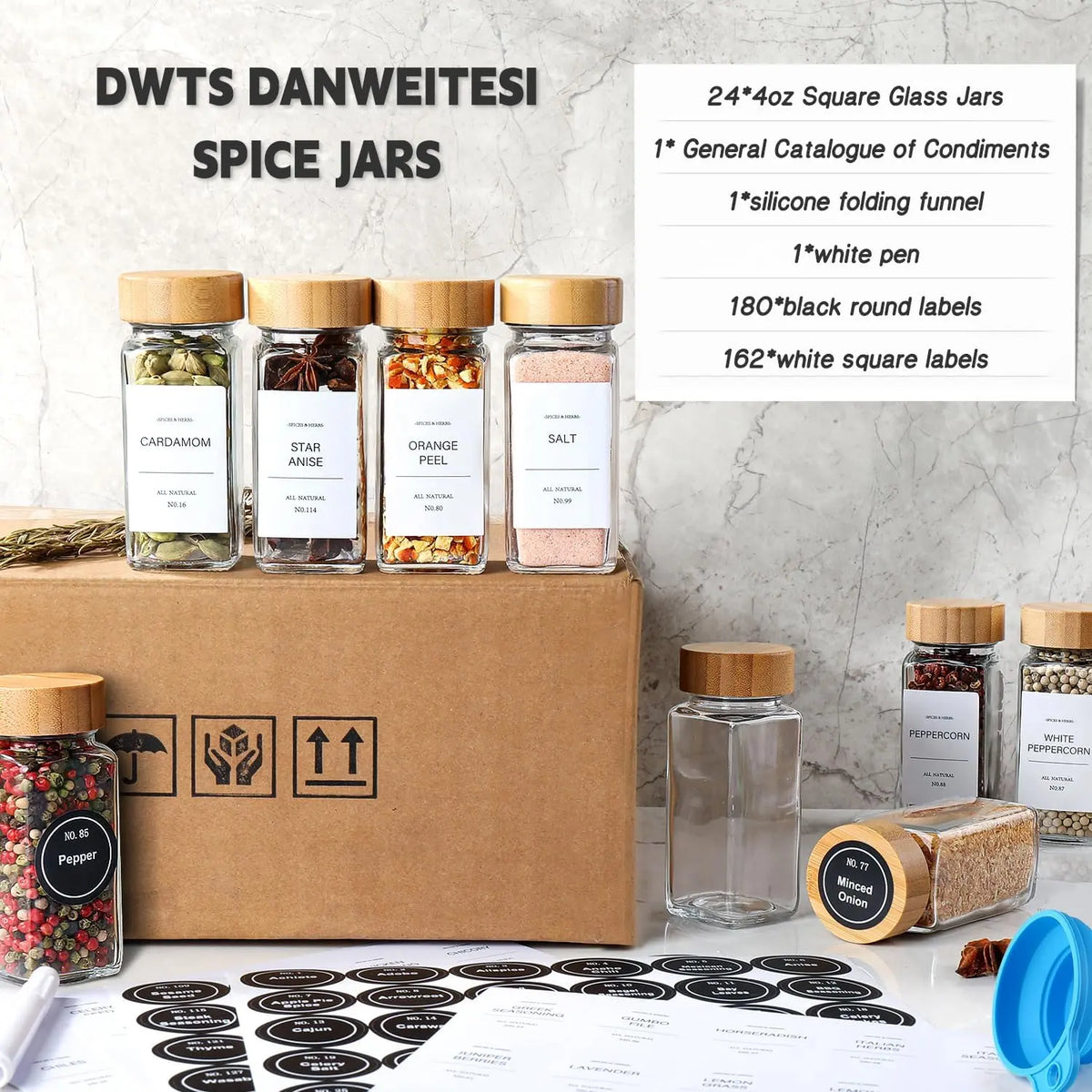 DWTS Danweitesi 36-Piece Glass Spice Jar Set - 4 Oz Square Kitchen Canisters with Bamboo Lids, 180 Labels, Funnel, Chalk Pen, Waterproof, Dishwasher Safe, Kitchen Utensils for Home Cooking & Family Gifting
