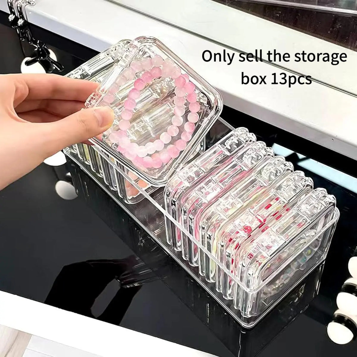 Clear Jewelry Storage Box, 1 Set Multi-functional Portable Storage Organizers Box, Transparent Plastic Storage Box for Home, Dormitory, Bathroom & Office, Dustproof Clear Box (1pc Long Tray & 12pcs 8.5cm Square Boxes)