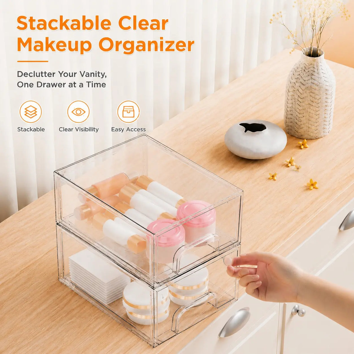 4 Pack Clear Stackable Acrylic Storage Boxes – Drawers for Bathroom Vanity, Office, Craft Room – Dustproof & Easy Clean