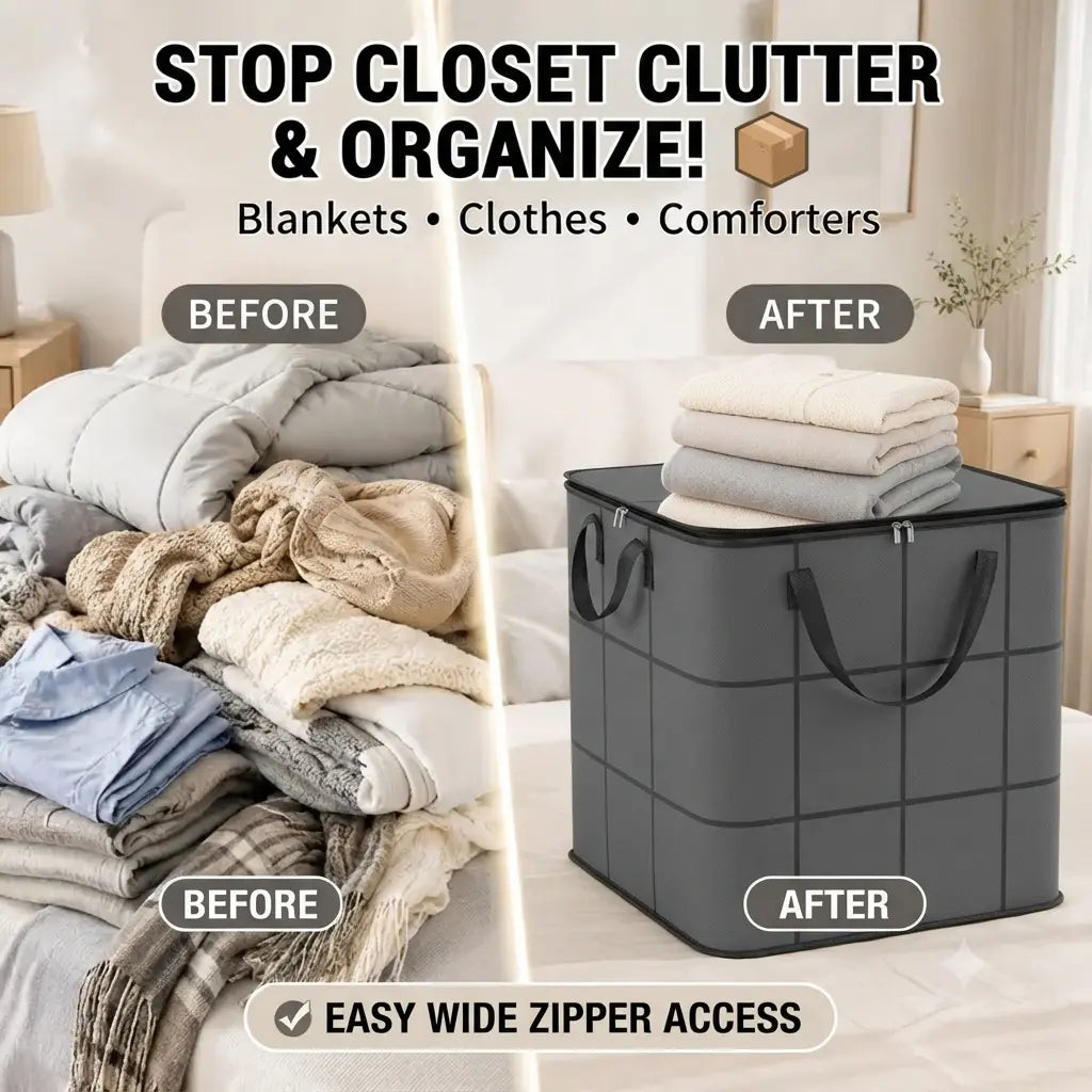 Large XXL Fabric Storage Bin with Zipper - Clothing Bedding Storage Organiser for Closet Organization, Ideal for Quilts, Sweaters, Gym Bag Items