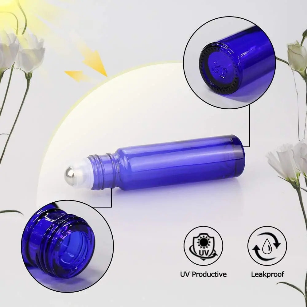 12 Pack Essential Oil Bottles, 10ml Blue Glass Bottles with Stainless Steel Roller Balls and Caps for Travel, Perfume and Lip Gloss