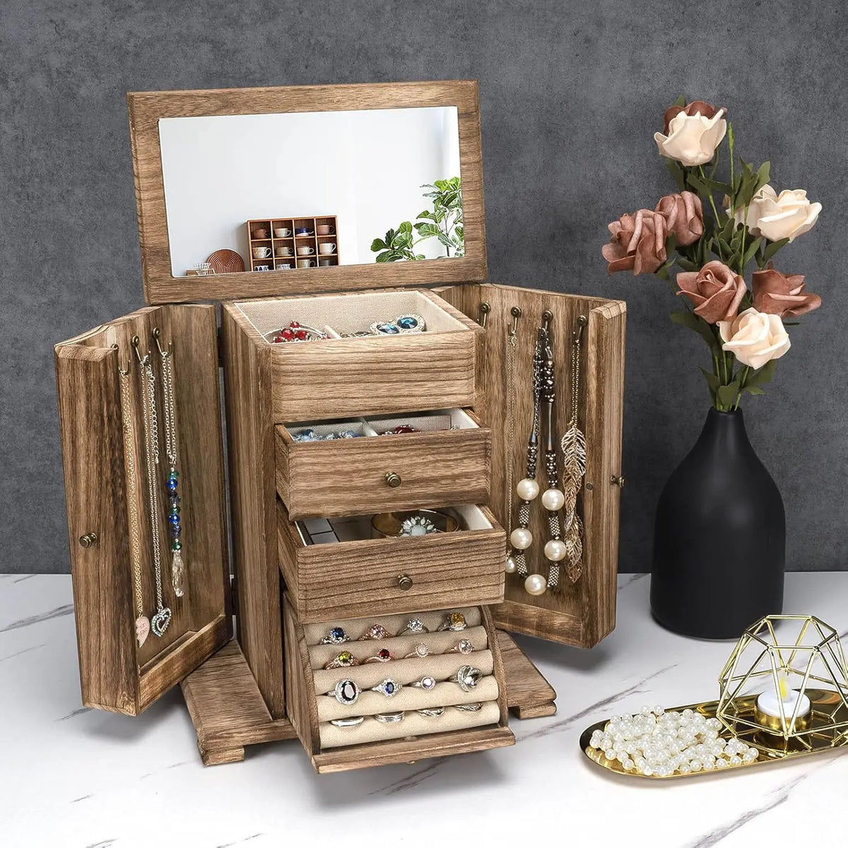 Emfogo Women's Linen Farmhouse-Style Decorative Wooden Jewelry Box with Mirror & Lid, 4-Layer Earring Holder Organizer with Compartment Containers for Rings, Necklaces, Bracelets (Farmhouse Style Storage)