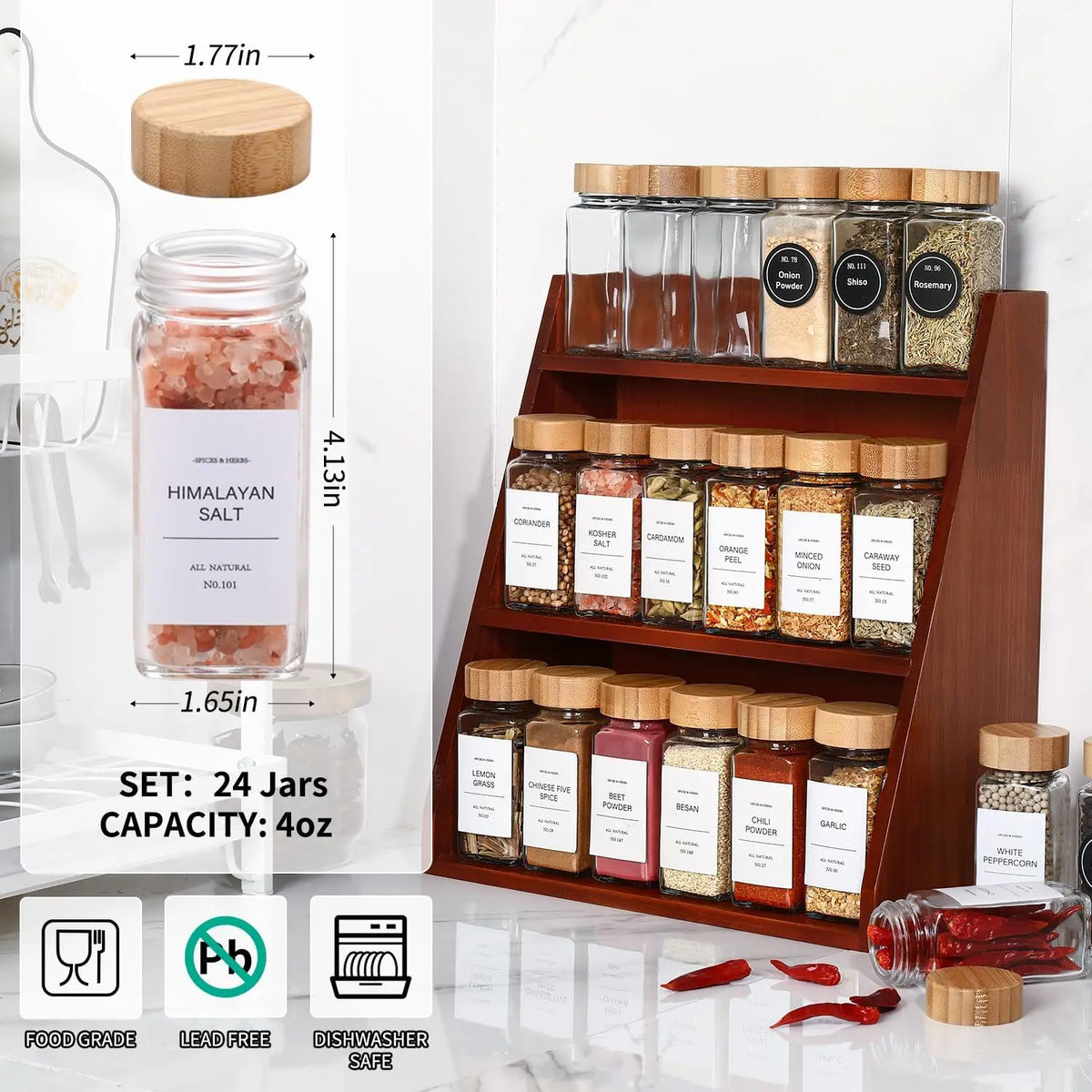 DWTS Danweitesi 36-Piece Glass Spice Jar Set - 4 Oz Square Kitchen Canisters with Bamboo Lids, 180 Labels, Funnel, Chalk Pen, Waterproof, Dishwasher Safe, Kitchen Utensils for Home Cooking & Family Gifting