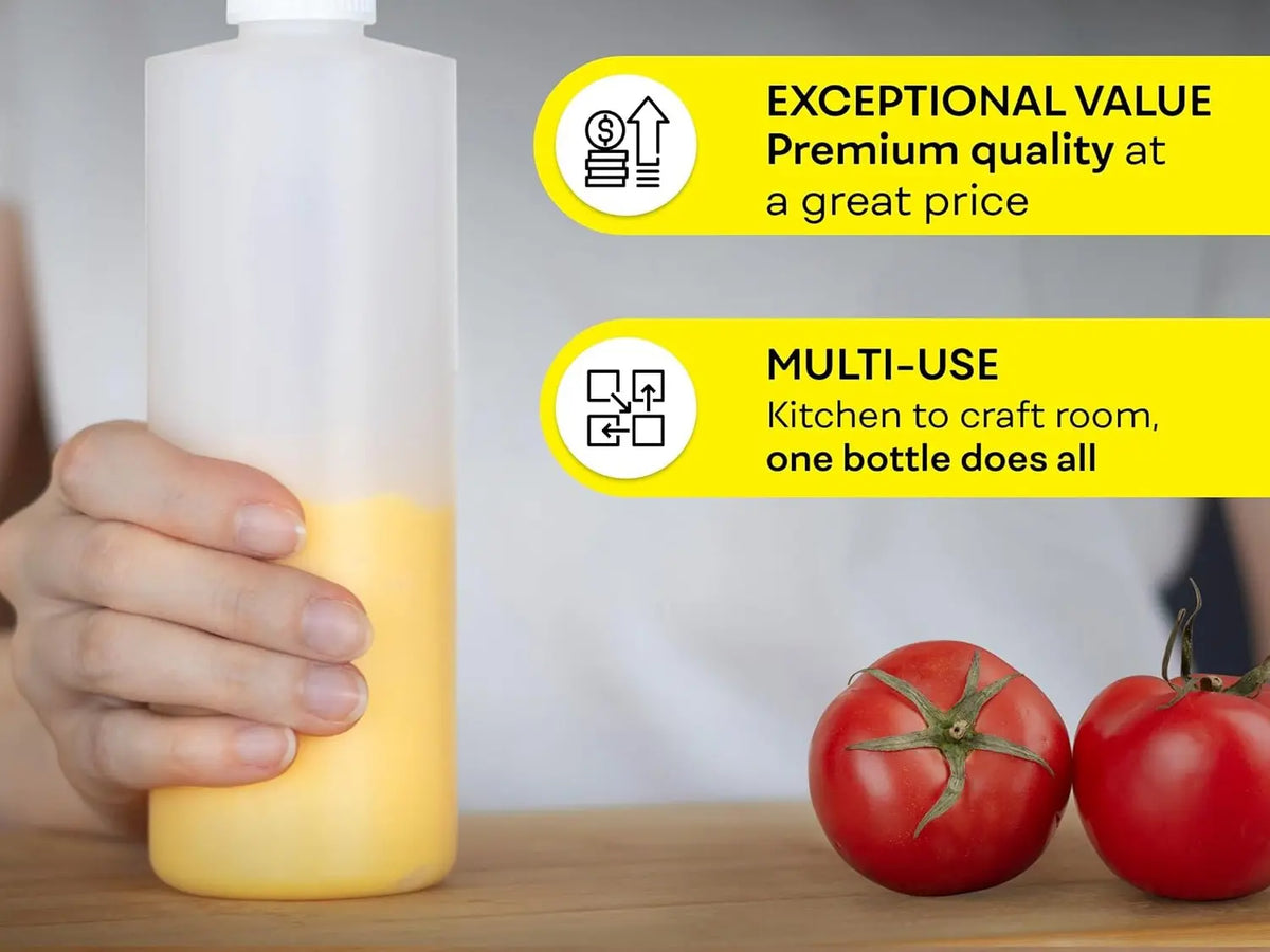 Condiment Squeeze Bottles, 16 OZ Empty Squirt Bottle with Twist Top Cap, Leak Proof - Great for Ketchup, Mustard, Syrup, Sauces, Dressing, Oil, Arts and Crafts, BPA FREE Plastic - 2 PACK