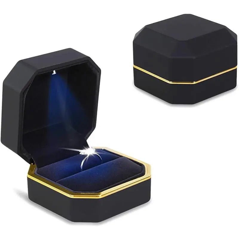 Luxury Ring Box, Square Velvet Wedding Ring Case Jewelry Gift Box with LED Light for Proposal Engagement Wedding Organiser