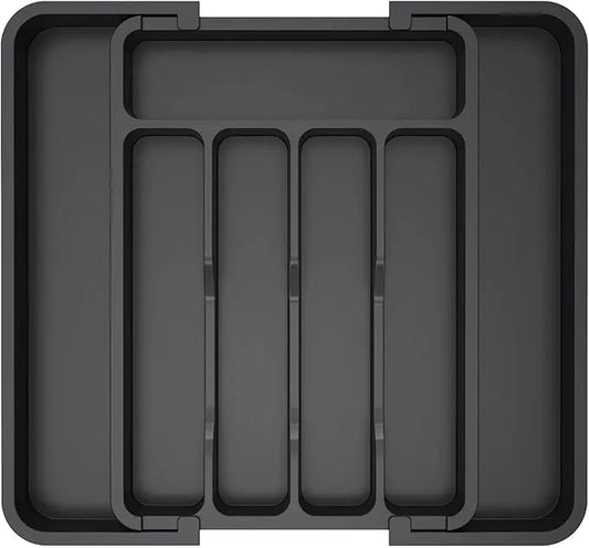 Silverware Drawer Organizer, Expandable Utensil Tray for Kitchen, BPA Free Flatware and Cutlery Holder, Adjustable Plastic Storage for Spoons Forks Knives, 8.5"-14.1" x 12.1", Black