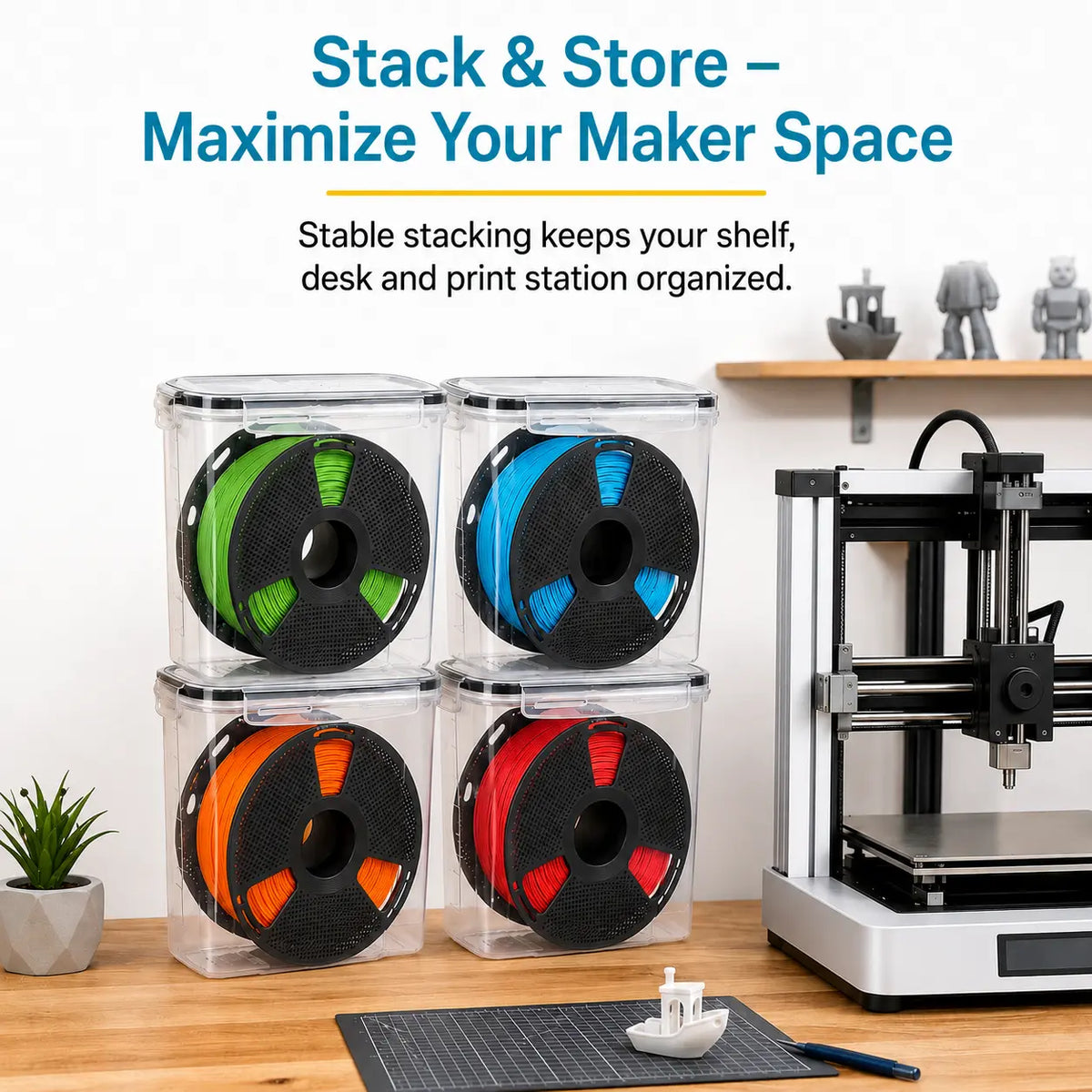 AISOON 4-Pack Reusable Stackable Plastic Rectangle 1KG 3D Printing Filament Storage Boxes - Transparent Airtight Snap Lids, Dustproof Organizer Set with 8 Labels & Marker, Fits Shelves, Desktops, Workshops