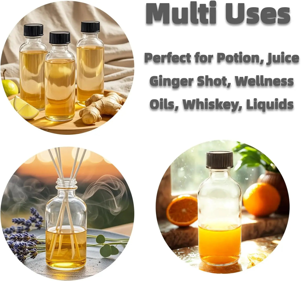 6 Pack 2oz Shot Bottles with Caps, Leak-proof 60mL Small Clear Glass Bottles with Lids for Travel, Wellness, Ginger, Essential Oils, Liquids, Potion, Juice