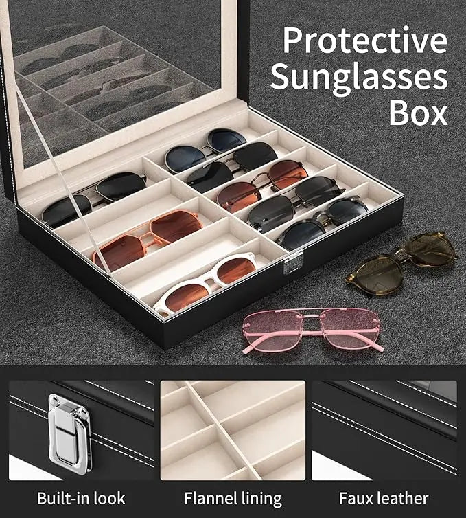 Women's 10-Slot Velvet-Leather See-Through Eyeglass Storage Box - Water-Proof Multi-Compartment Anti-Scratch Glass Display Case with Lid, Strap, Fashion Accessory Gift