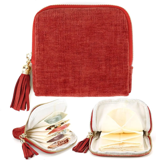 BOOVO Modern Terracotta Red Velvet Jewelry Zippered Pocket Organiser - Compact Collapsible Home Storage Bag, 5 Satin Divided Compartments, Adjustable Tassel Zipper, Dustproof, Durable, Heat Resistant, Ideal Travel Gift for Women’s Engagement, Anniversary