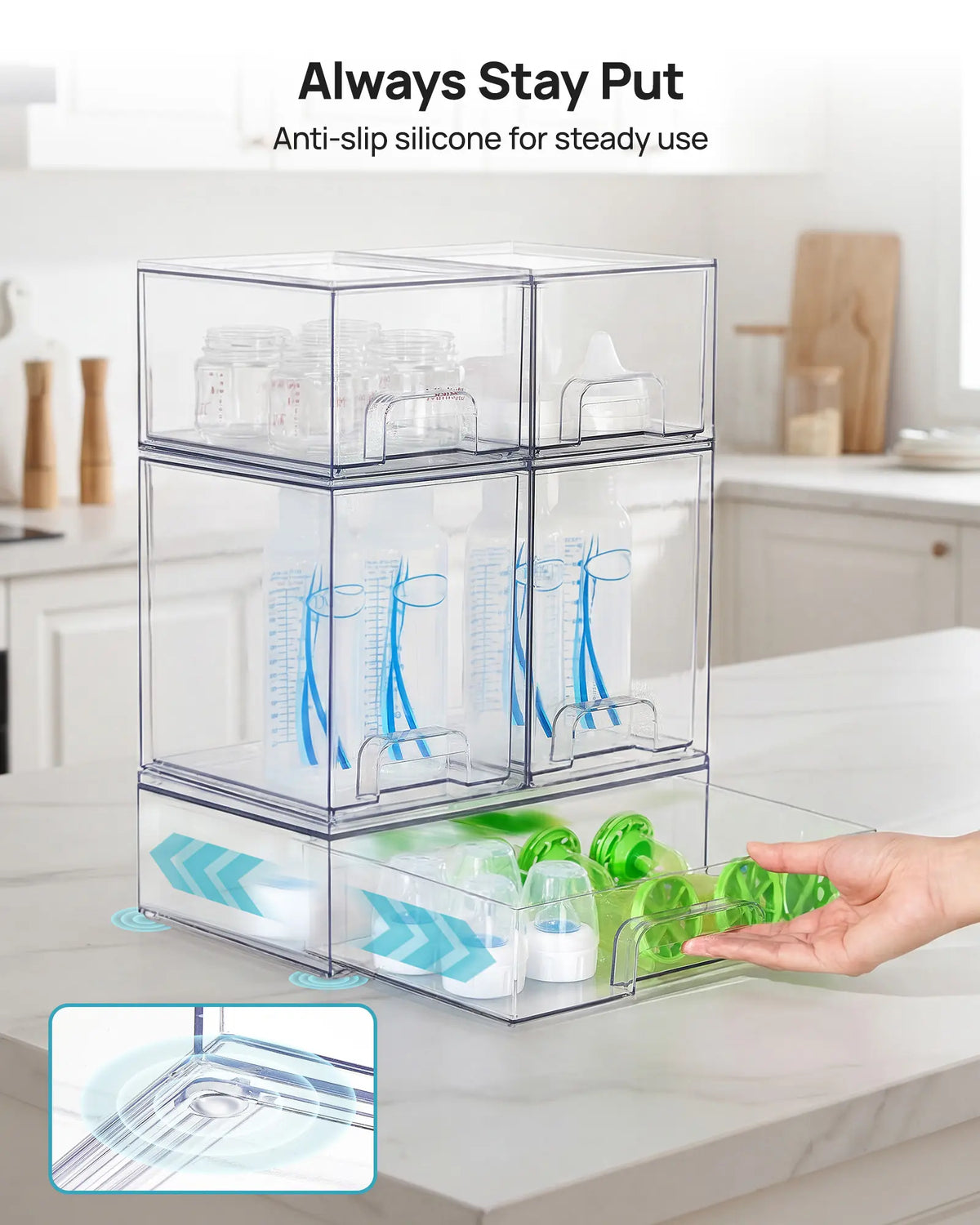 【Bottles Station】Vtopmart Stackable Nursery Set of 5/8 Clear Plastic Organizer Bins for Makeup Beauty Supplies Vanity Bathroom Cabinet Pantry, Multi-Size Flexible Design BPA-Free Safe Water&Dust Proof