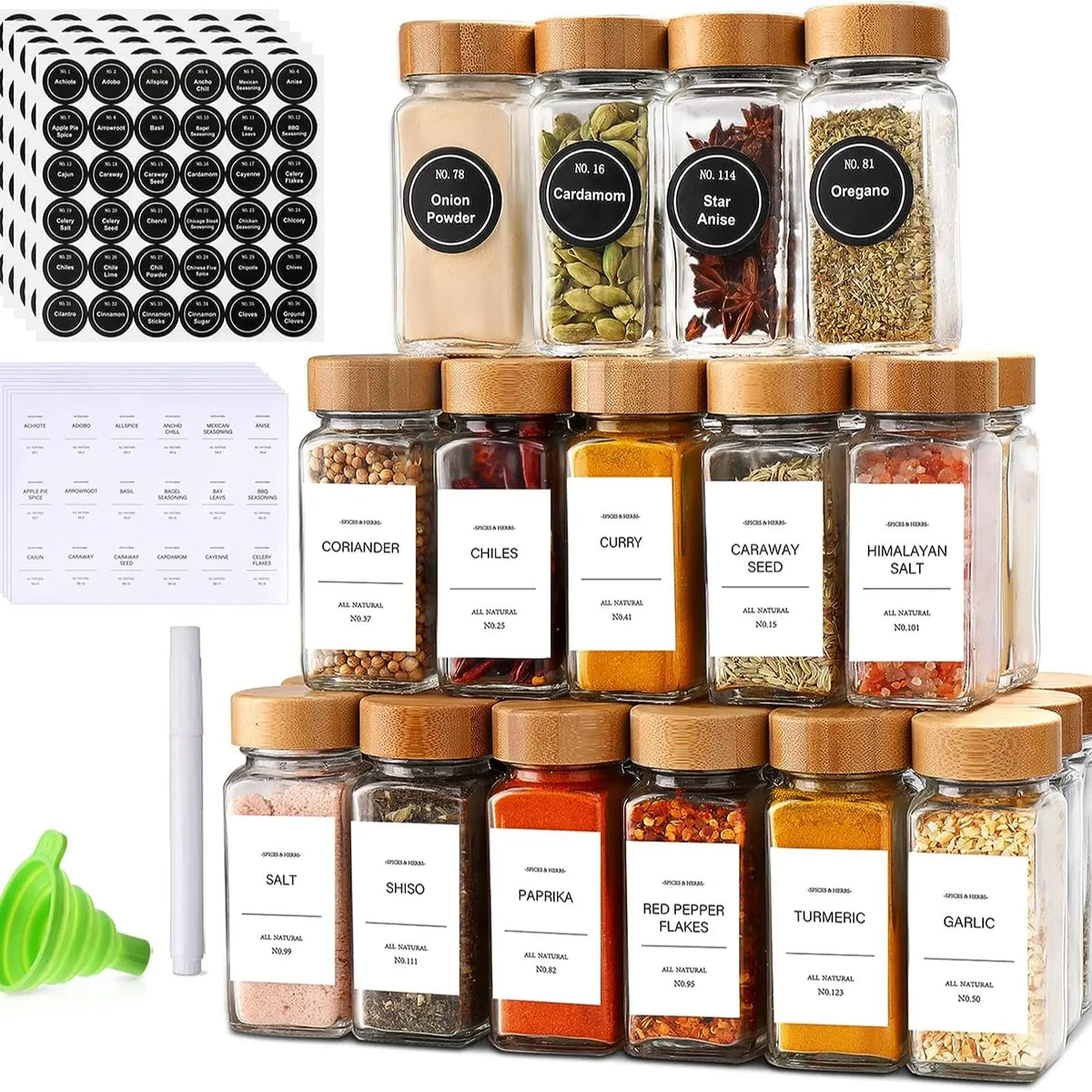 DWTS Danweitesi 36-Piece Glass Spice Jar Set - 4 Oz Square Kitchen Canisters with Bamboo Lids, 180 Labels, Funnel, Chalk Pen, Waterproof, Dishwasher Safe, Kitchen Utensils for Home Cooking & Family Gifting