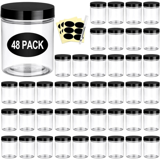 48 Pack Plastic Jars with Lids 6 OZ - Empty Clear  Containers with Pen and Labels, Round Small Plastic Jars with Screw On Lids for Slime, Makeup, Butter, Cream, Lotion, Pot, Dry