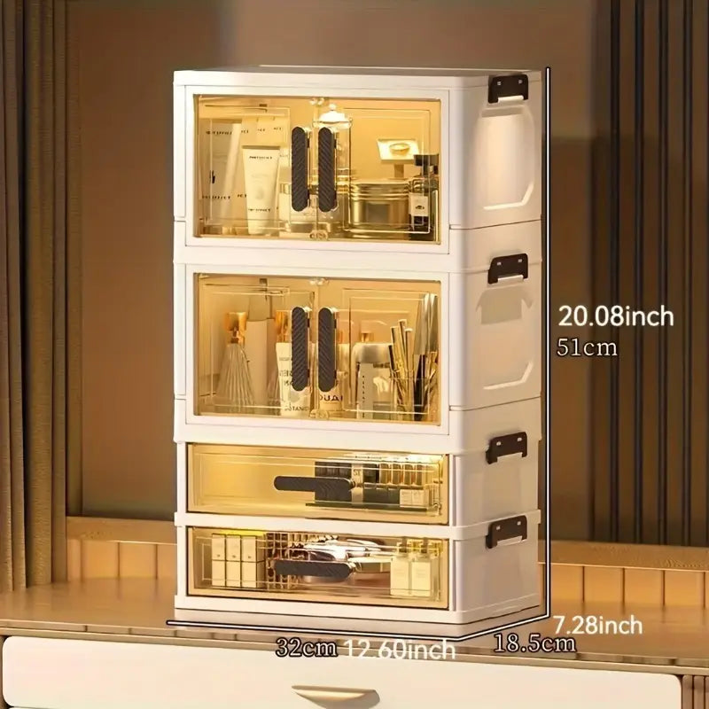 Rectangle Multifunctional Durable Storage Organizer - 3/4 Floors Foldable Large Capacity Retro White Golden Cosmetic Cabinet with Transparent Stackable Plastic Drawers, Makeup Organizer for Home Organization, Girl Gift