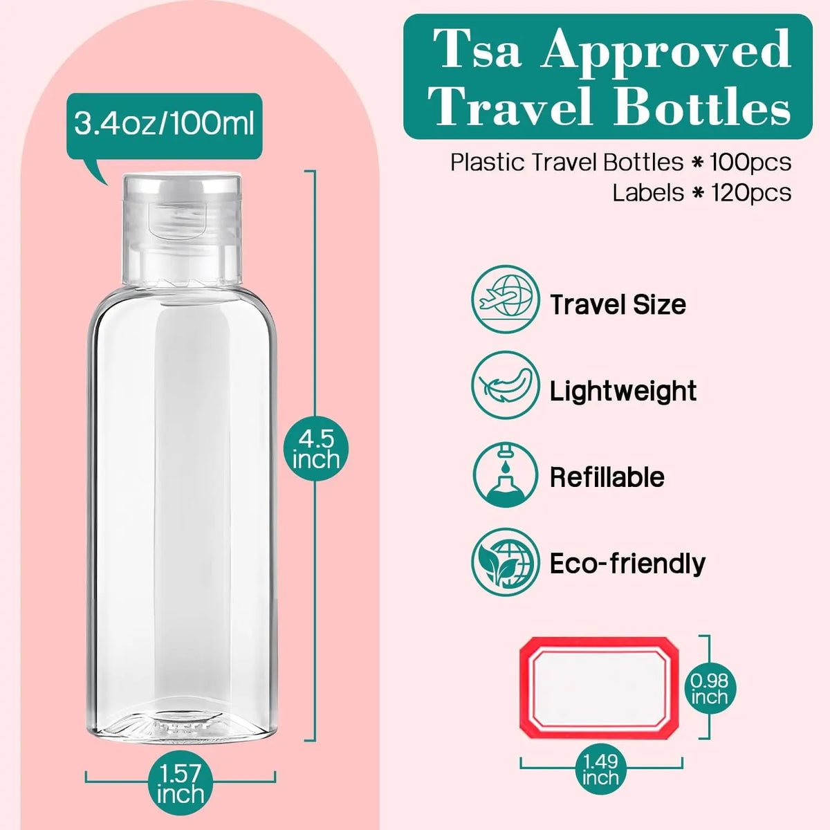 50PCS 3.4 oz Travel Bottles Tsa Approved Leakproof Plastic Squeezable Empty Small Bottles for Toiletries Liquids Travel Essentials with Flip Cap